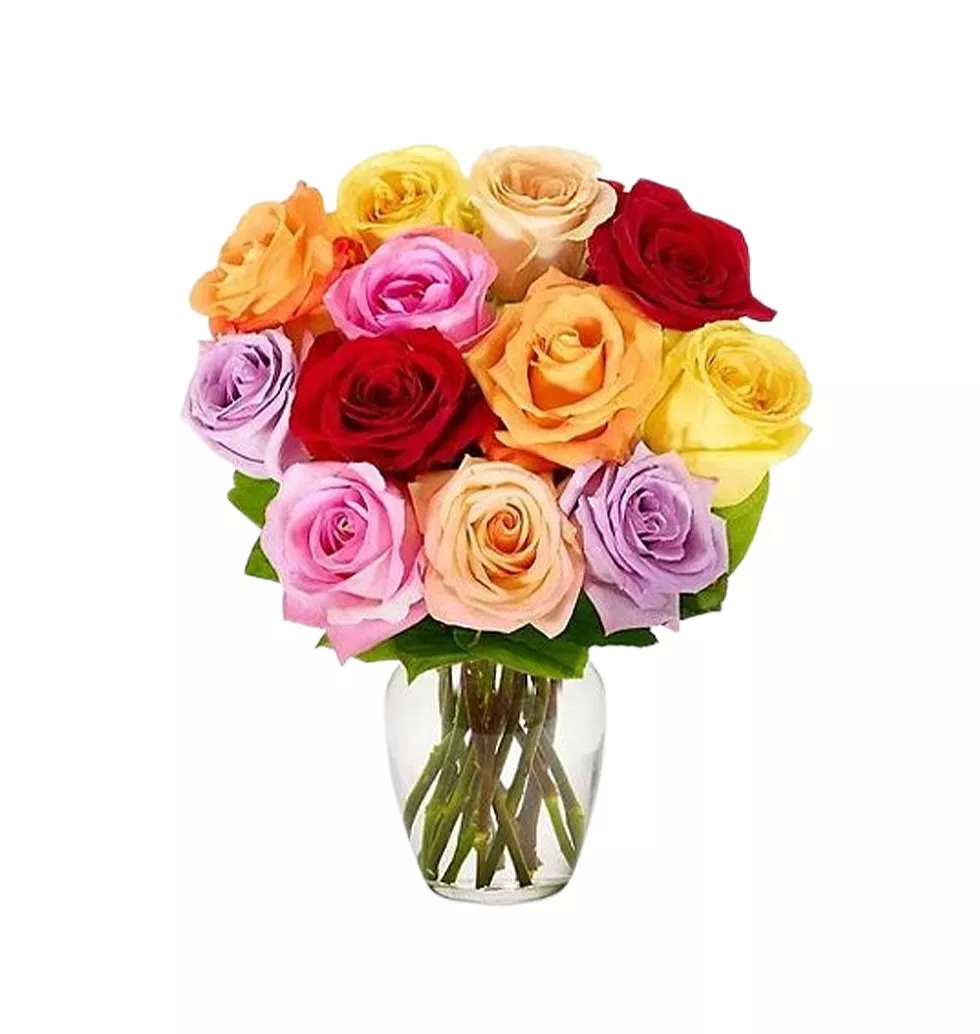 Colorful Rainbow Roses in Vase